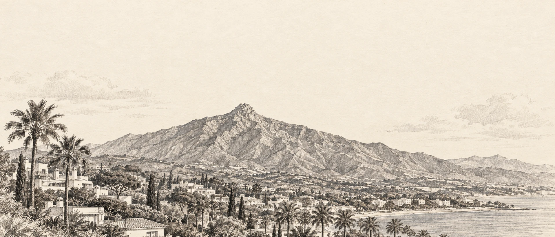 Pencil drawing of the Marbella coastline with La Concha mountain